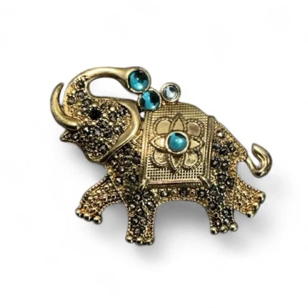 Vintage FAF Elephant Brooch Gold-Tone Marcasite‎ Teal Excellent Good Luck Charm